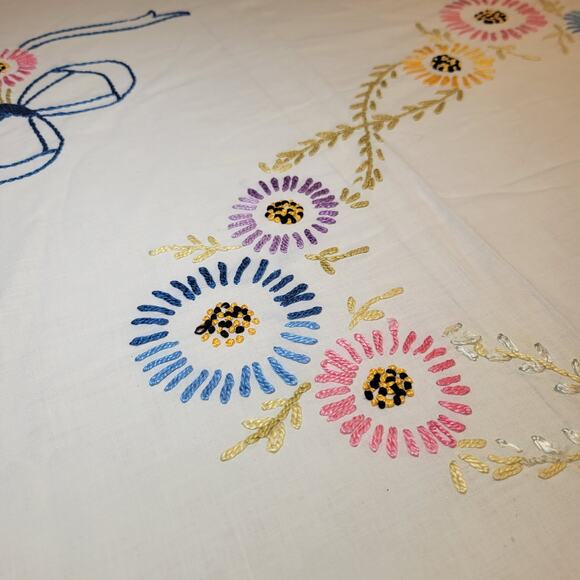 Vintage Handmade Bedspread Embroidered Flowers 72x80 Fringe Edges Floral Retro - Picture 9 of 14